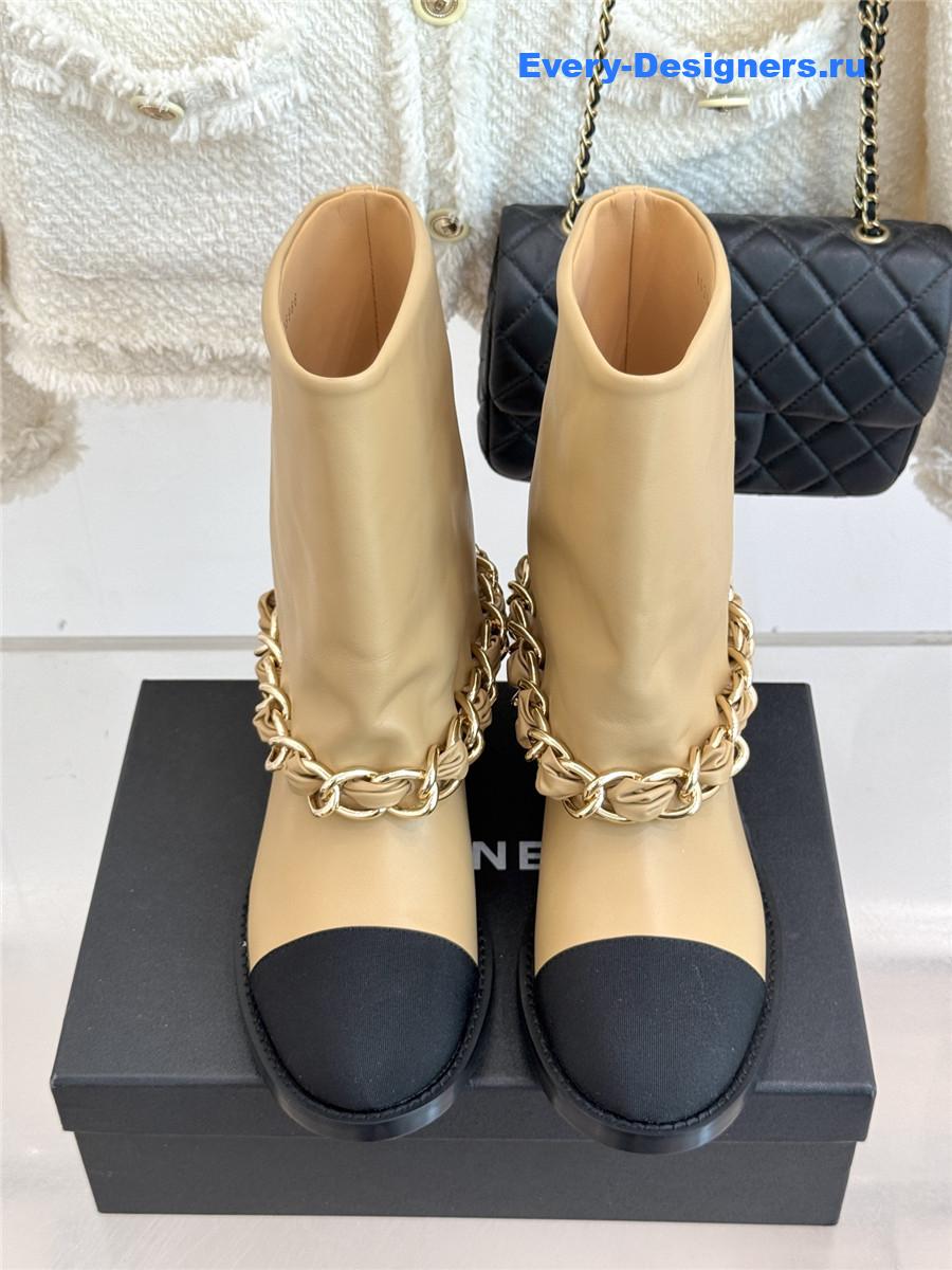 Ch**el beige leather black cap toe chain boots