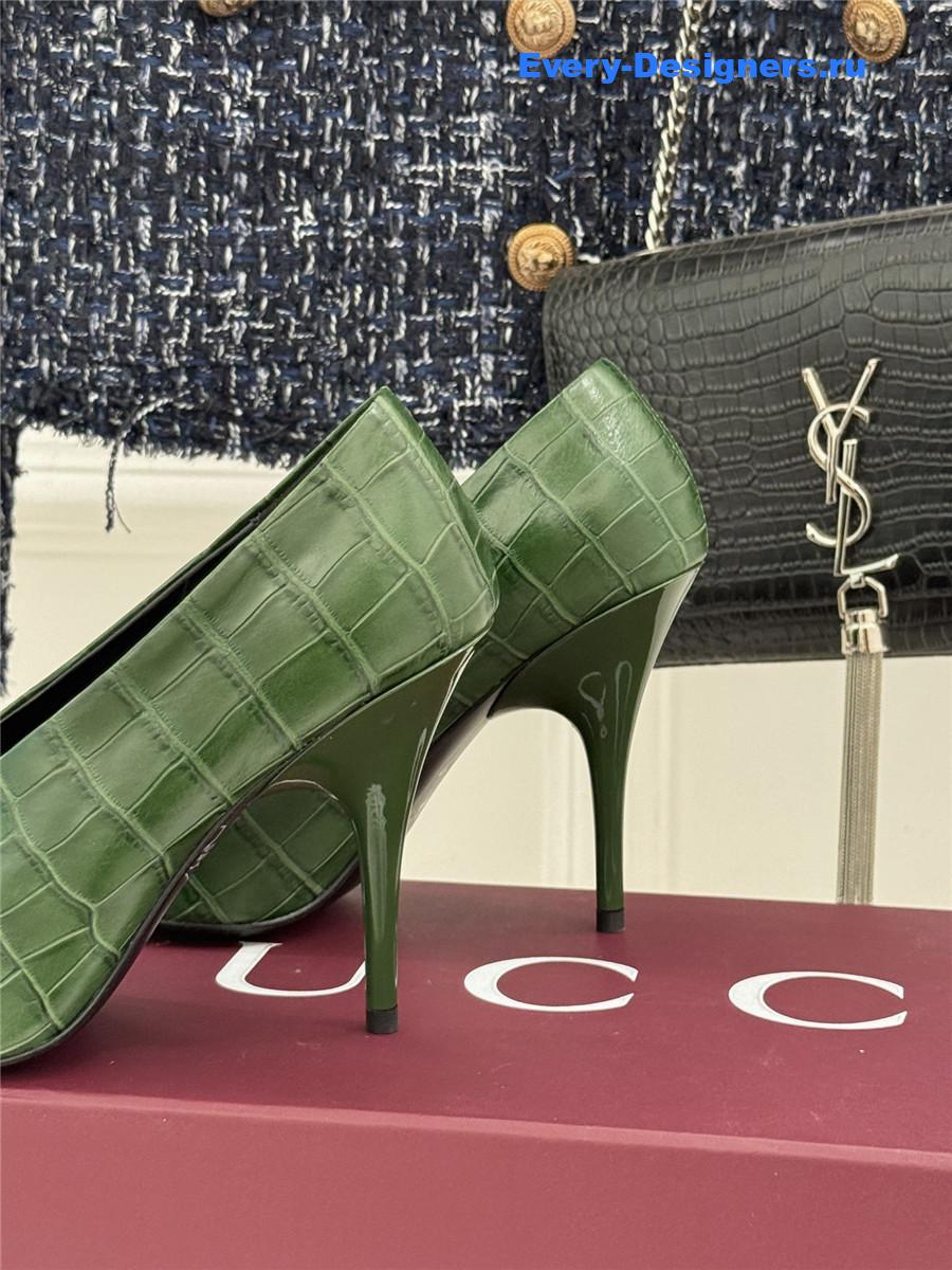 Gvc*1 green croc-embossed leather mule pumps