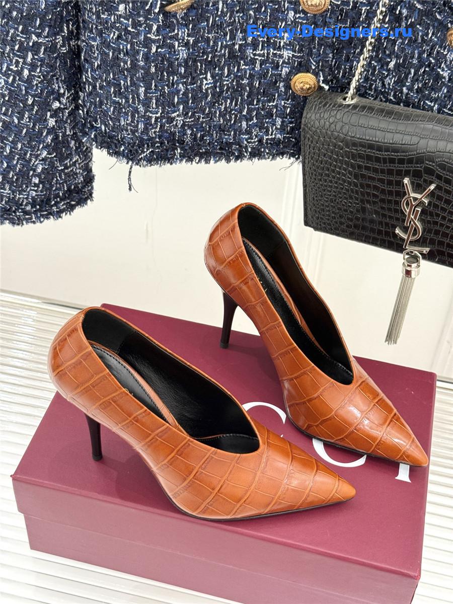 Gvc*1 orange croc-embossed leather mule pumps
