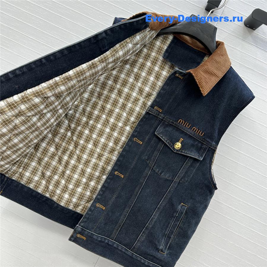 Miu Miu Navy Flocked Denim And Velvet Vest