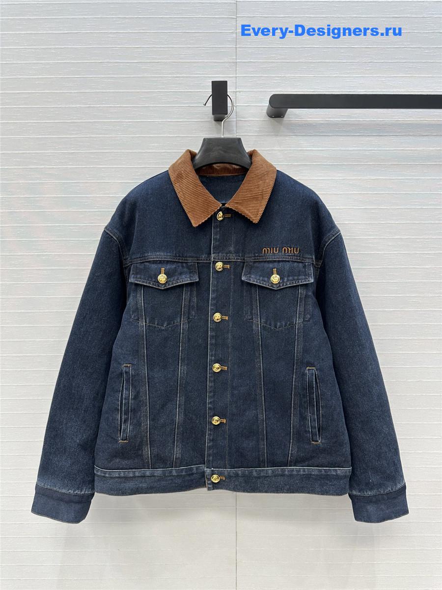 Miu Miu Navy Flocked Denim And Velvet Blouson Jacket