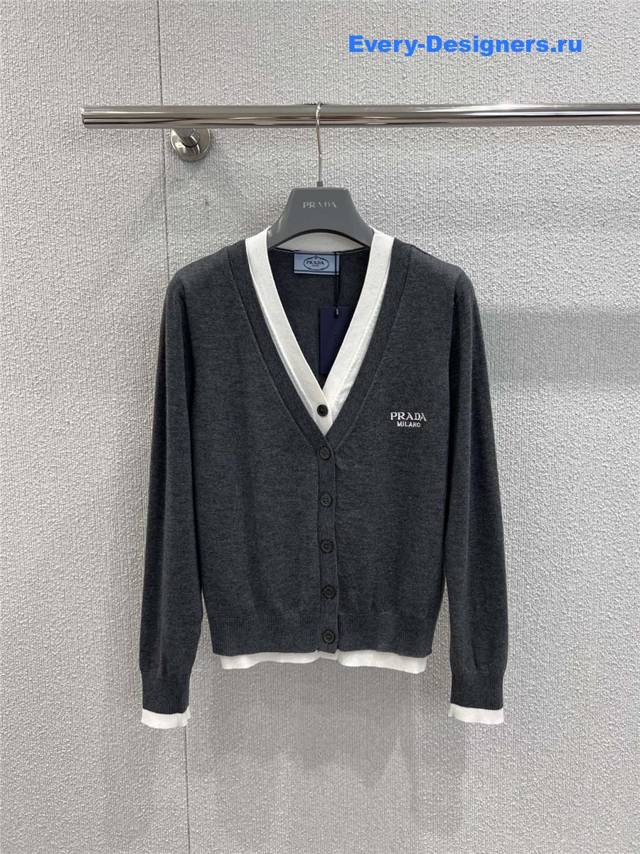 Pra*a grey/white v-neck cotton cardigan