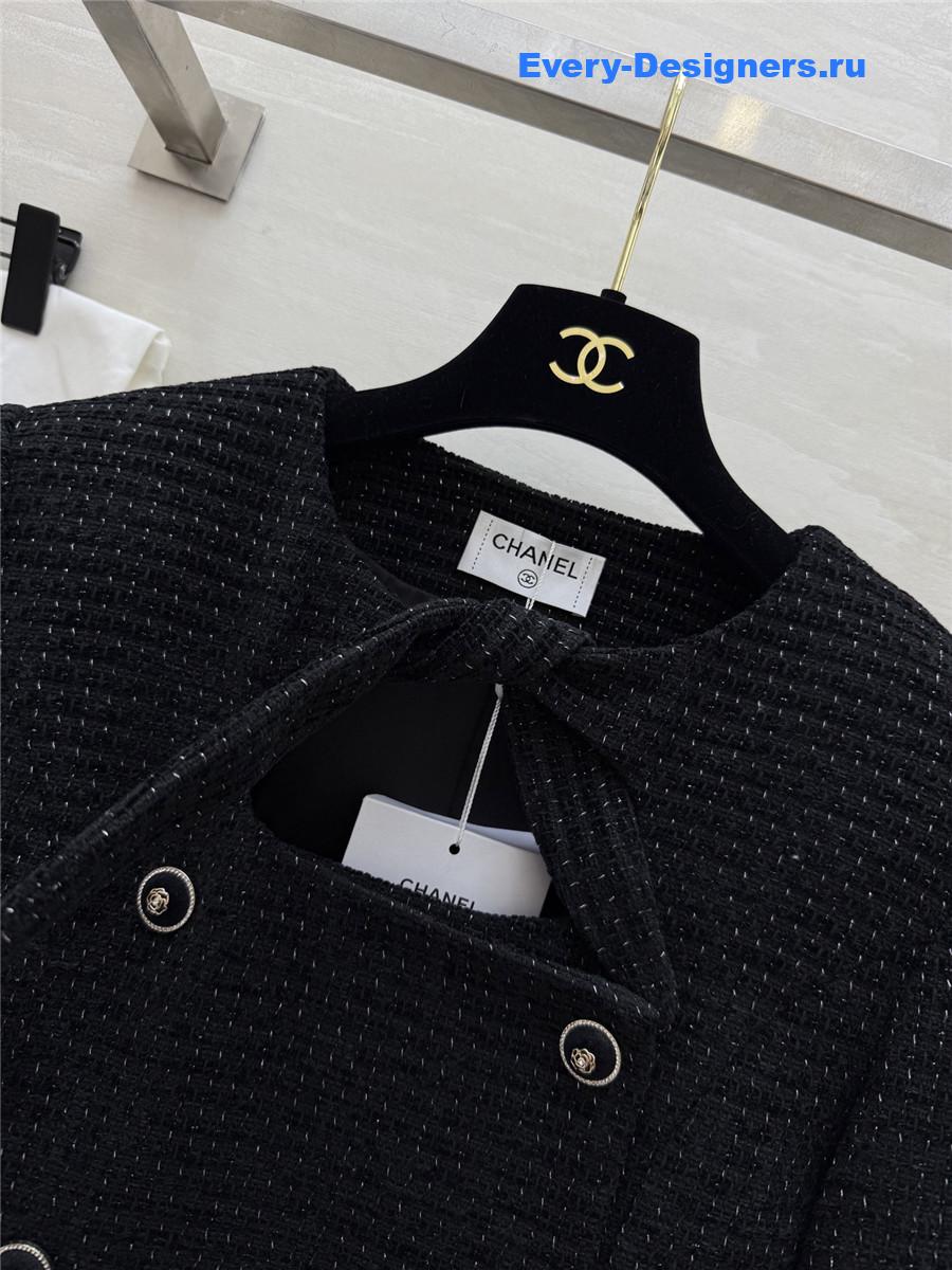 Ch**el black lace-up wool-woven soft tweed coat