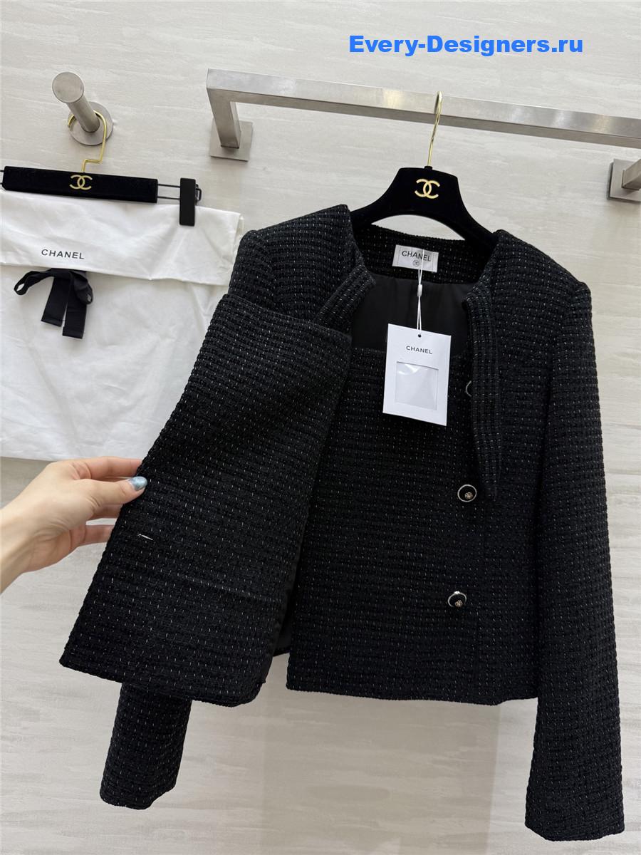 Ch**el black lace-up wool-woven soft tweed coat