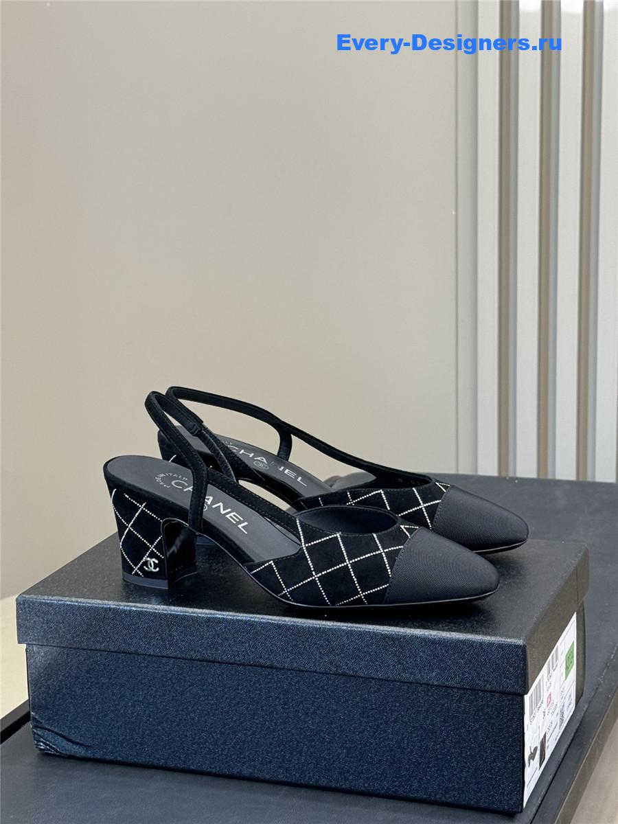 Ch**el black suede cap toe cc slingback pumps