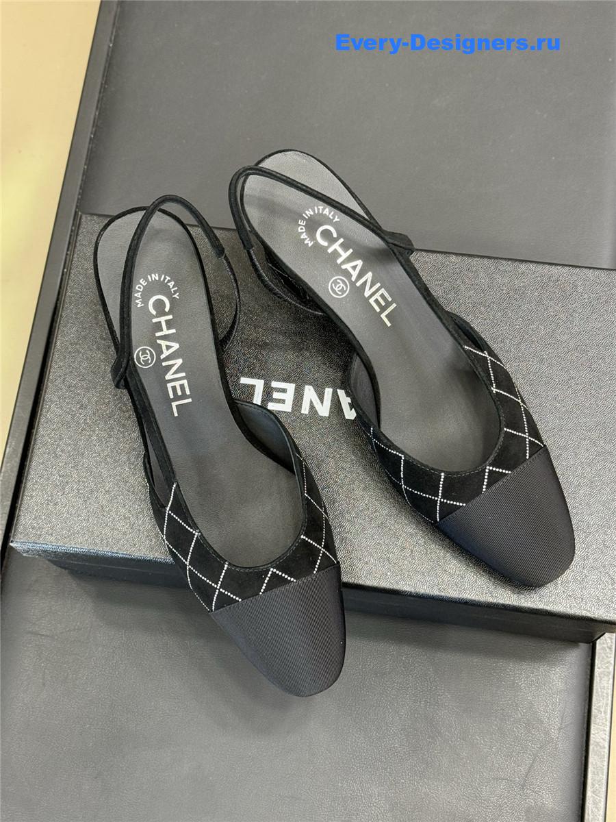 Ch**el black suede cap toe cc slingback pumps