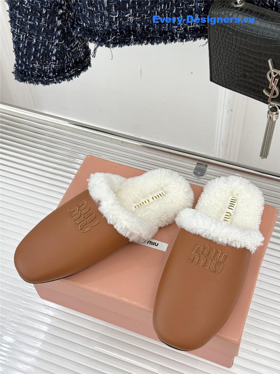 Miu Miu Brown Suede Shearling-Lined Slides