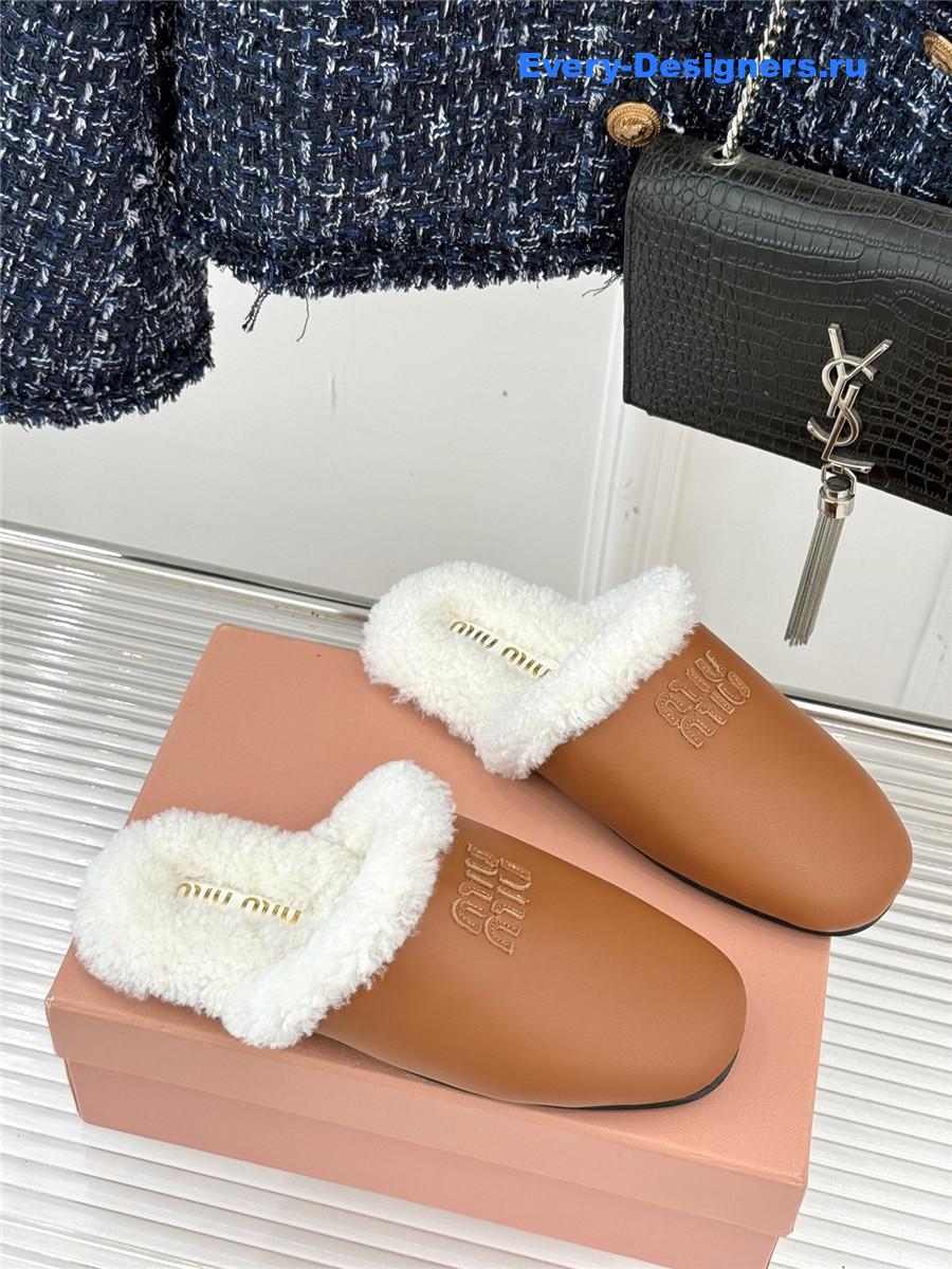 Miu Miu Brown Suede Shearling-Lined Slides