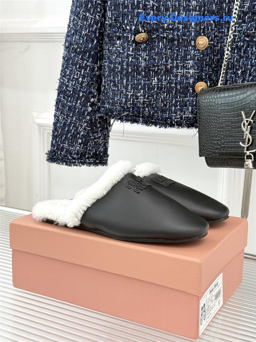 Miu Miu Black Suede Shearling-Lined Slides