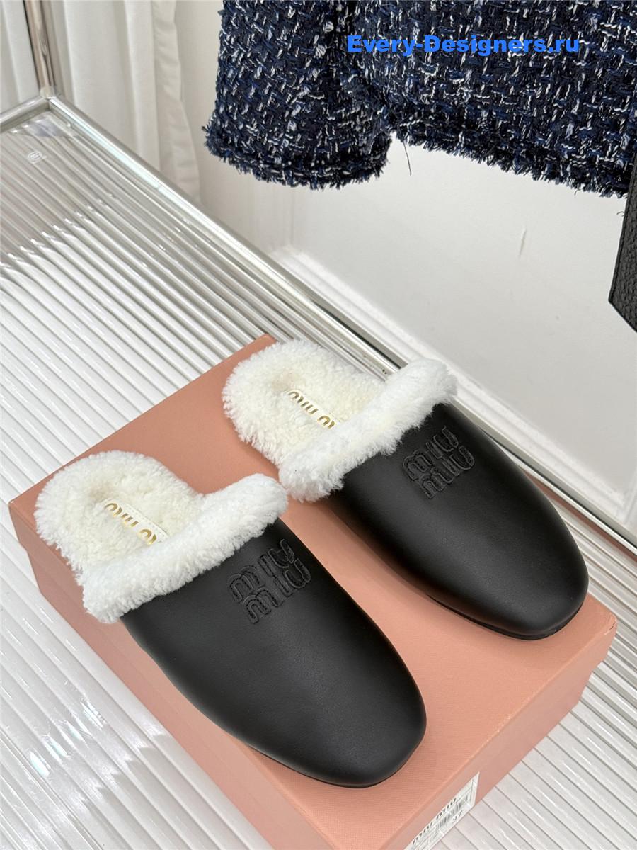 Miu Miu Black Suede Shearling-Lined Slides
