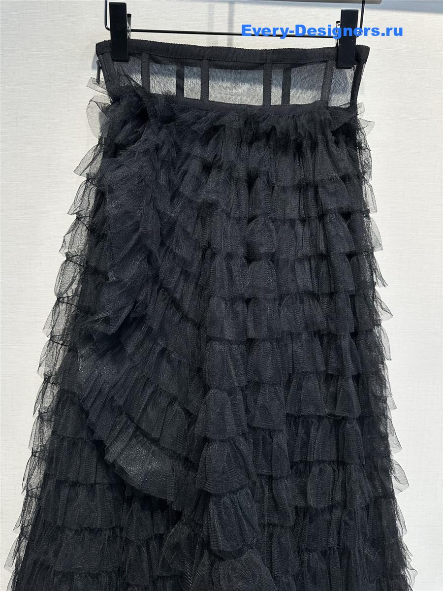 D10r mesh woven tulle ruffle midi skirt
