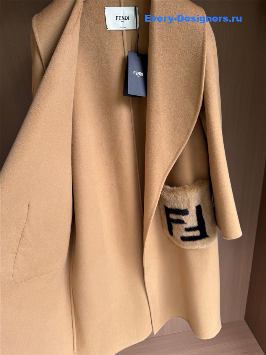 F**di camel logo-patch hooded cashmere coat