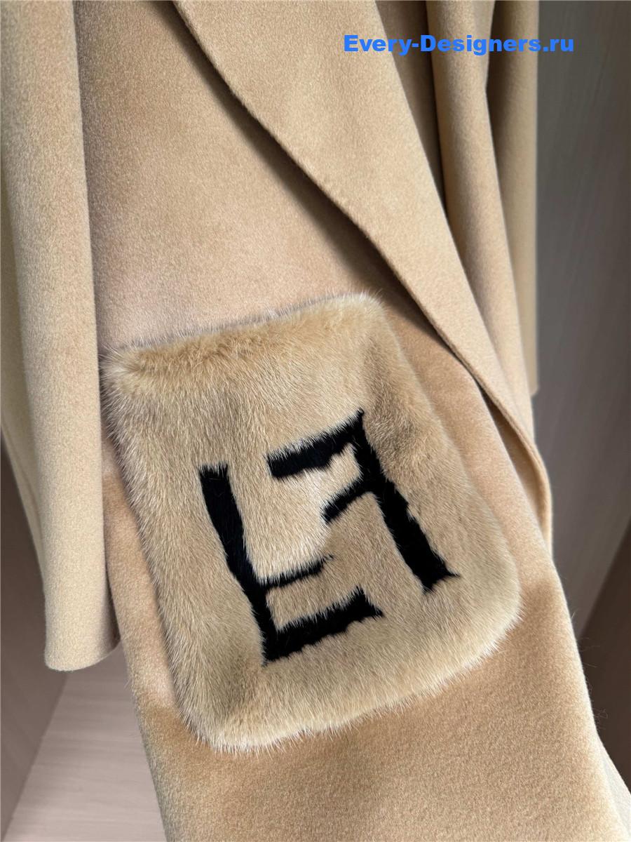 F**di camel logo-patch hooded cashmere coat