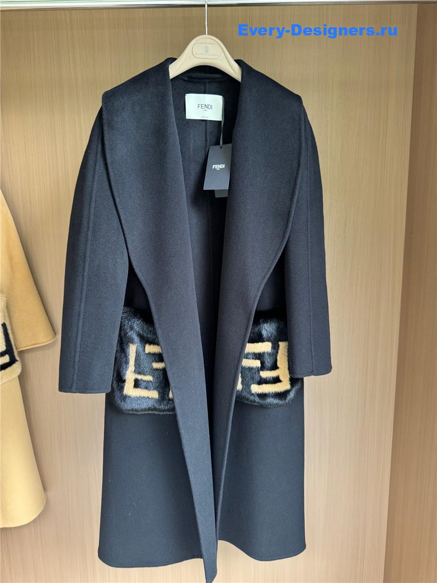 F**di black logo-patch hooded cashmere coat