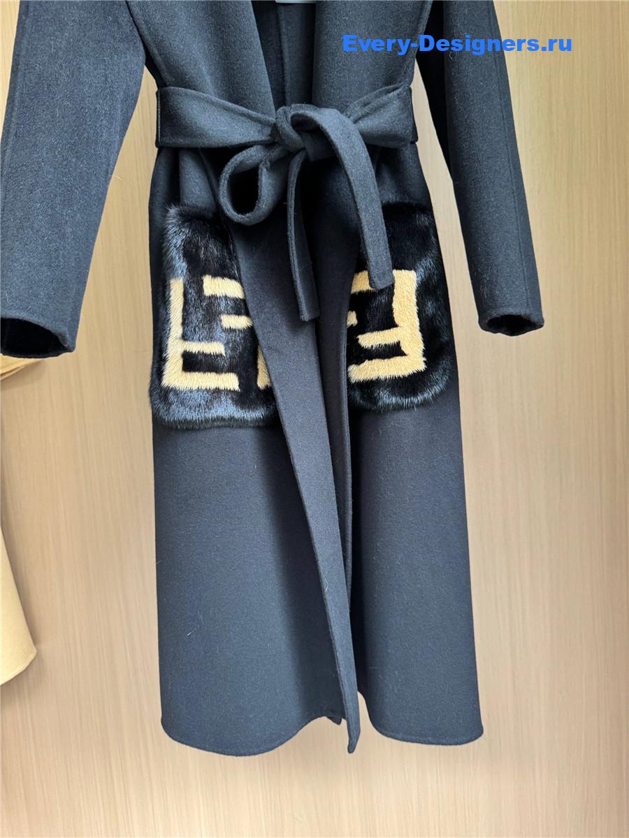 F**di black logo-patch hooded cashmere coat