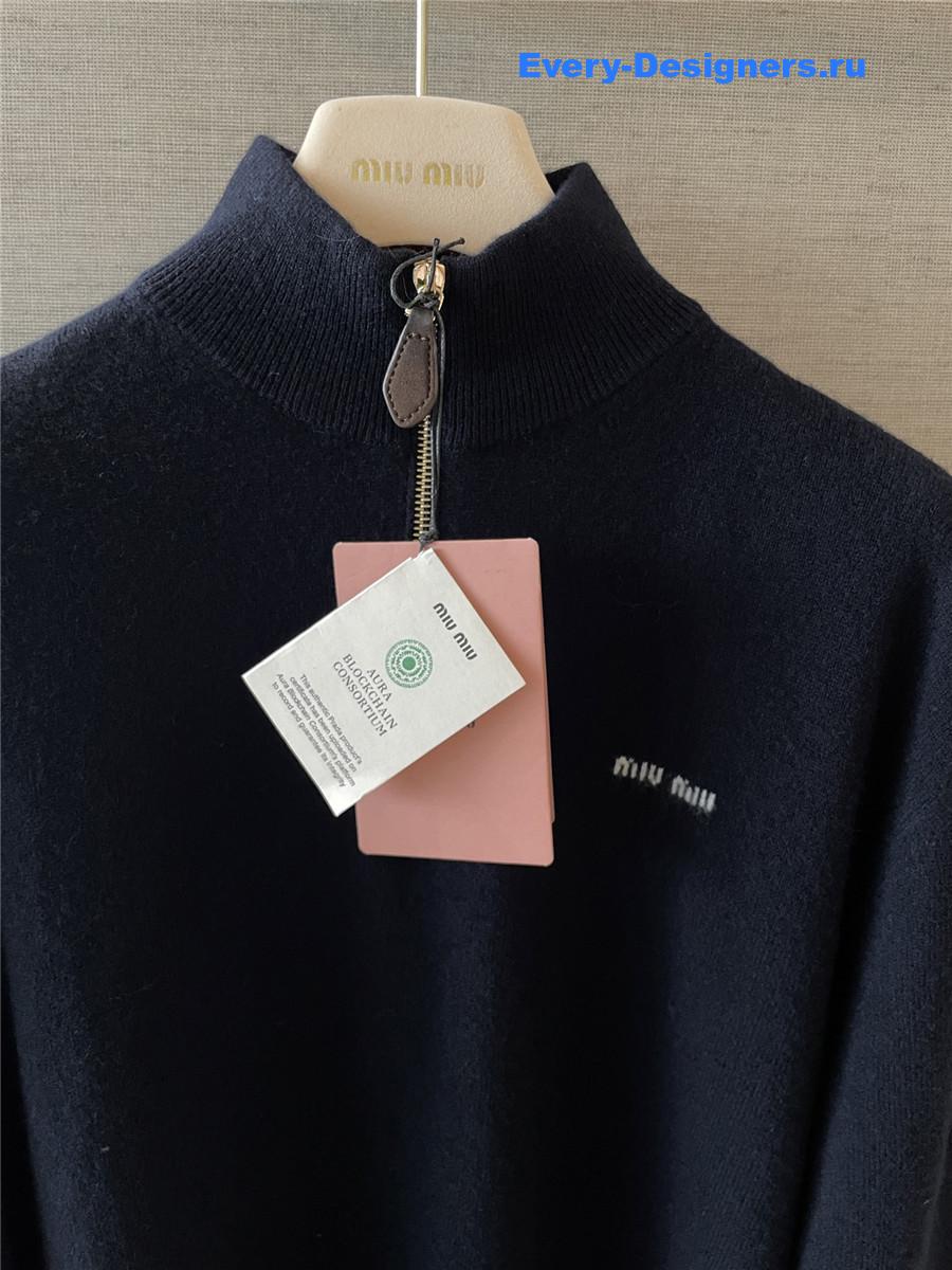 Miu Miu Navy Cashmere Leather Zipper Sweater