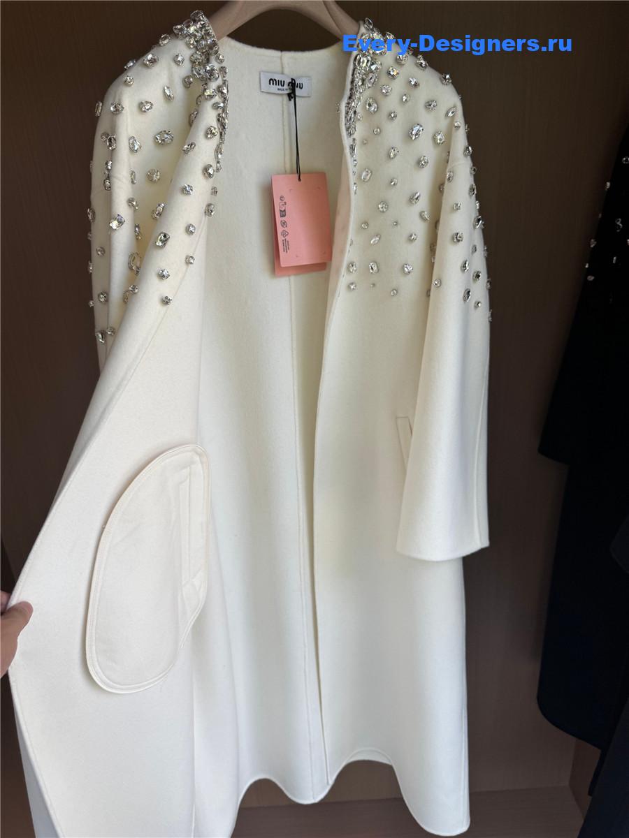 Miu Miu Crystal-embellished White Long Cape Coat