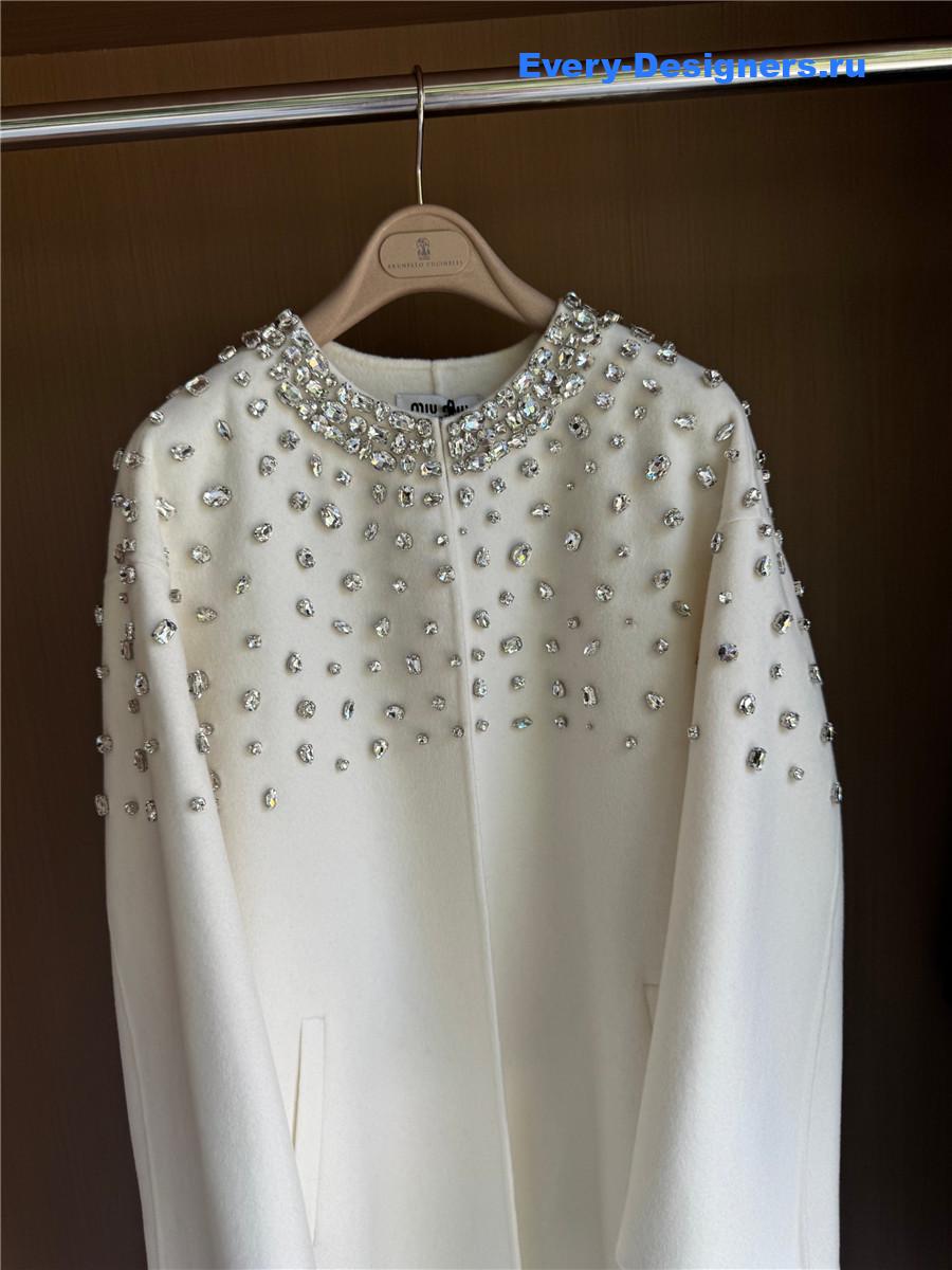 Miu Miu Crystal-embellished White Long Cape Coat