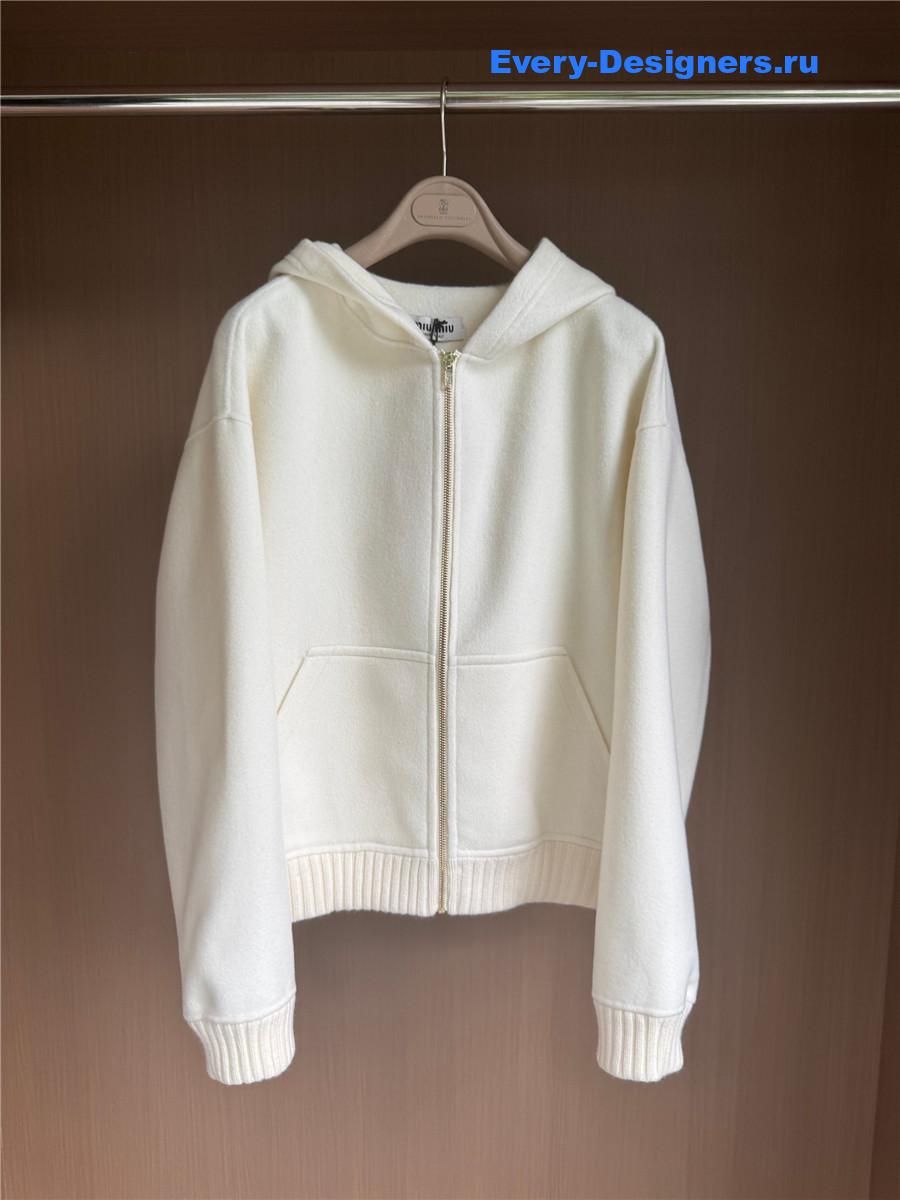 Miu Miu white zip-up hooded short cashmere coat