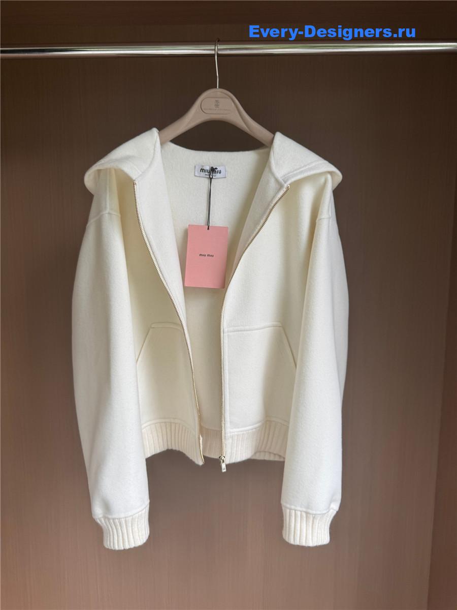 Miu Miu white zip-up hooded short cashmere coat