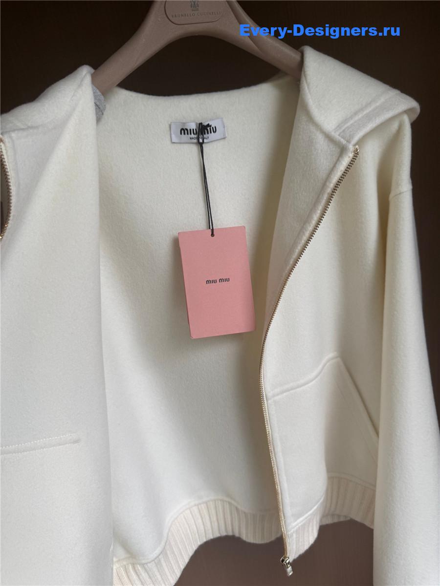 Miu Miu white zip-up hooded short cashmere coat