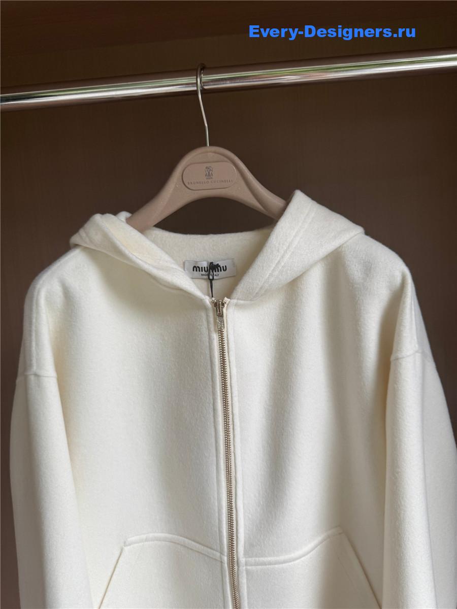 Miu Miu white zip-up hooded short cashmere coat