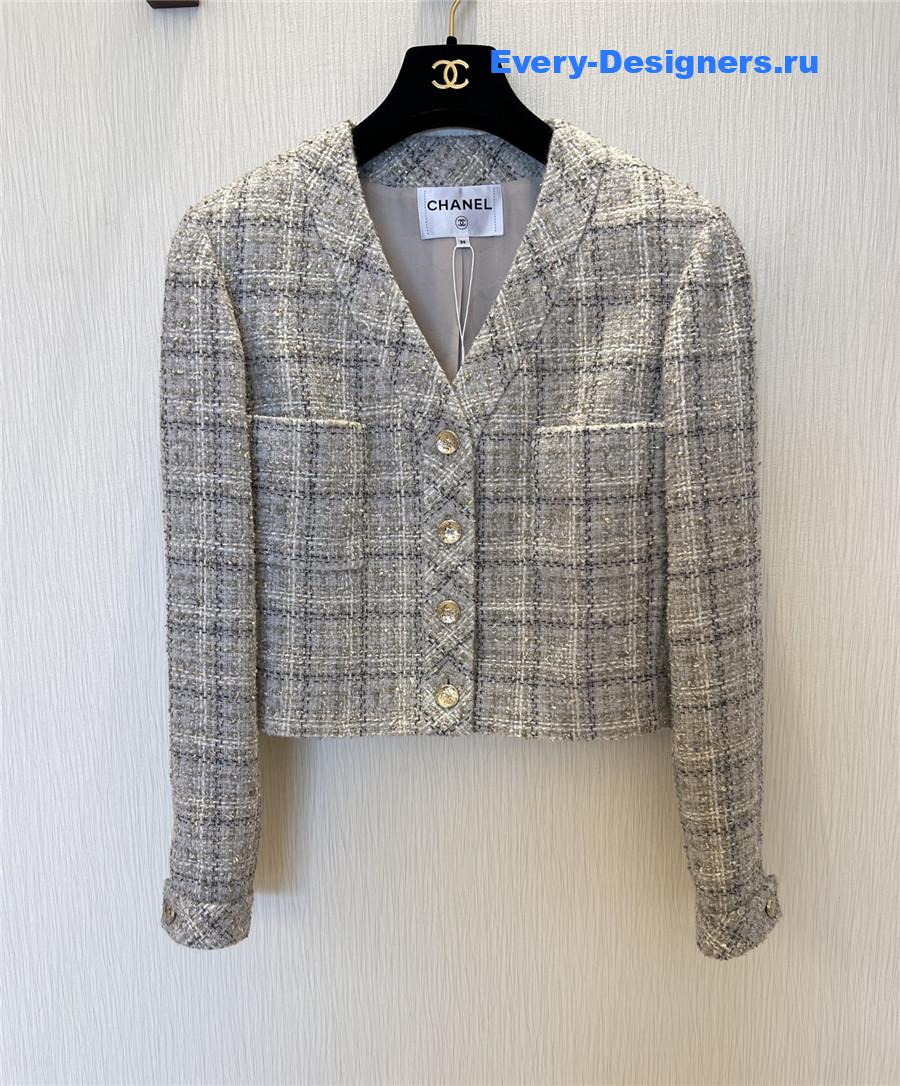 Ch**el grey v-neck tweed cropped coat
