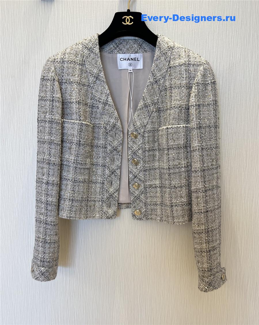 Ch**el grey v-neck tweed cropped coat