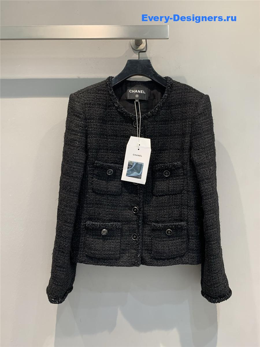 Ch**el multi-pocket woven dark gray tweed jacket