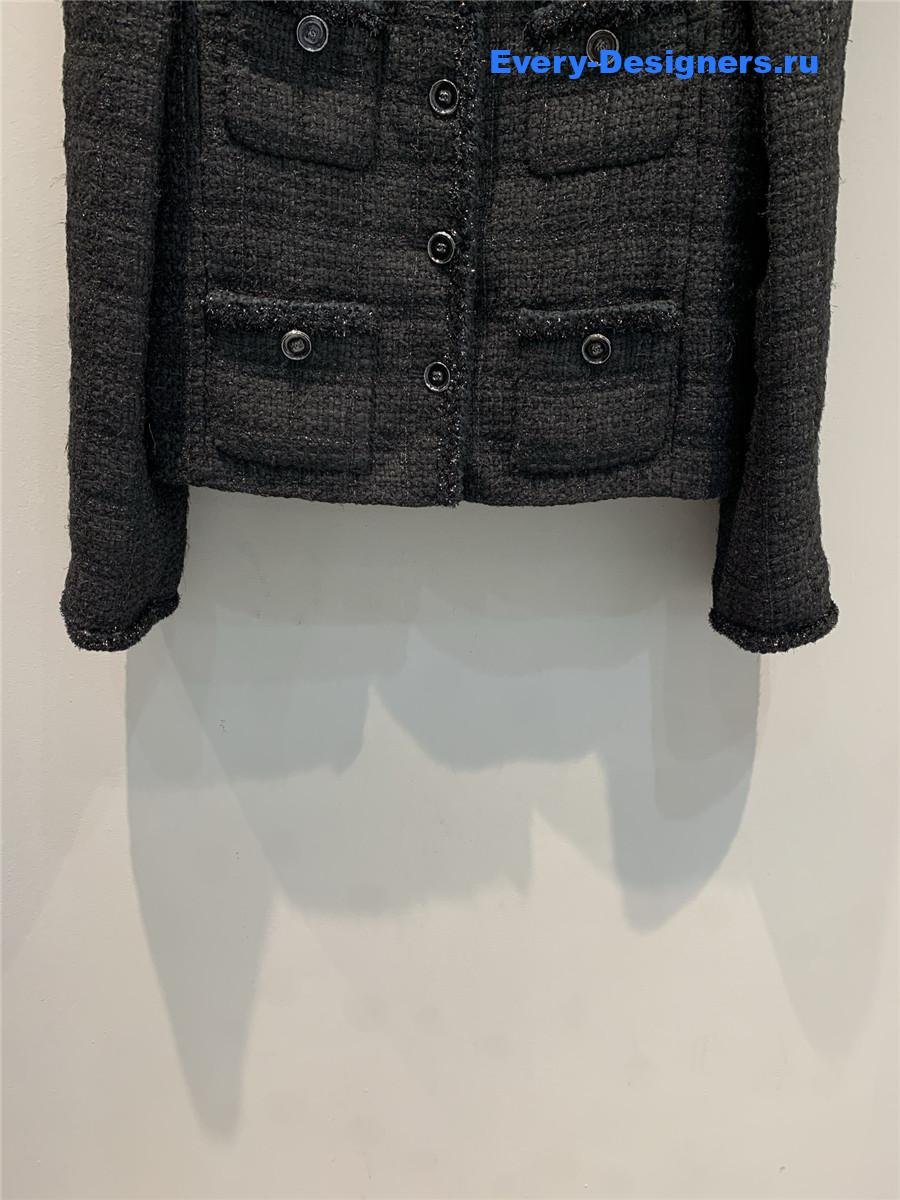 Ch**el multi-pocket woven dark gray tweed jacket