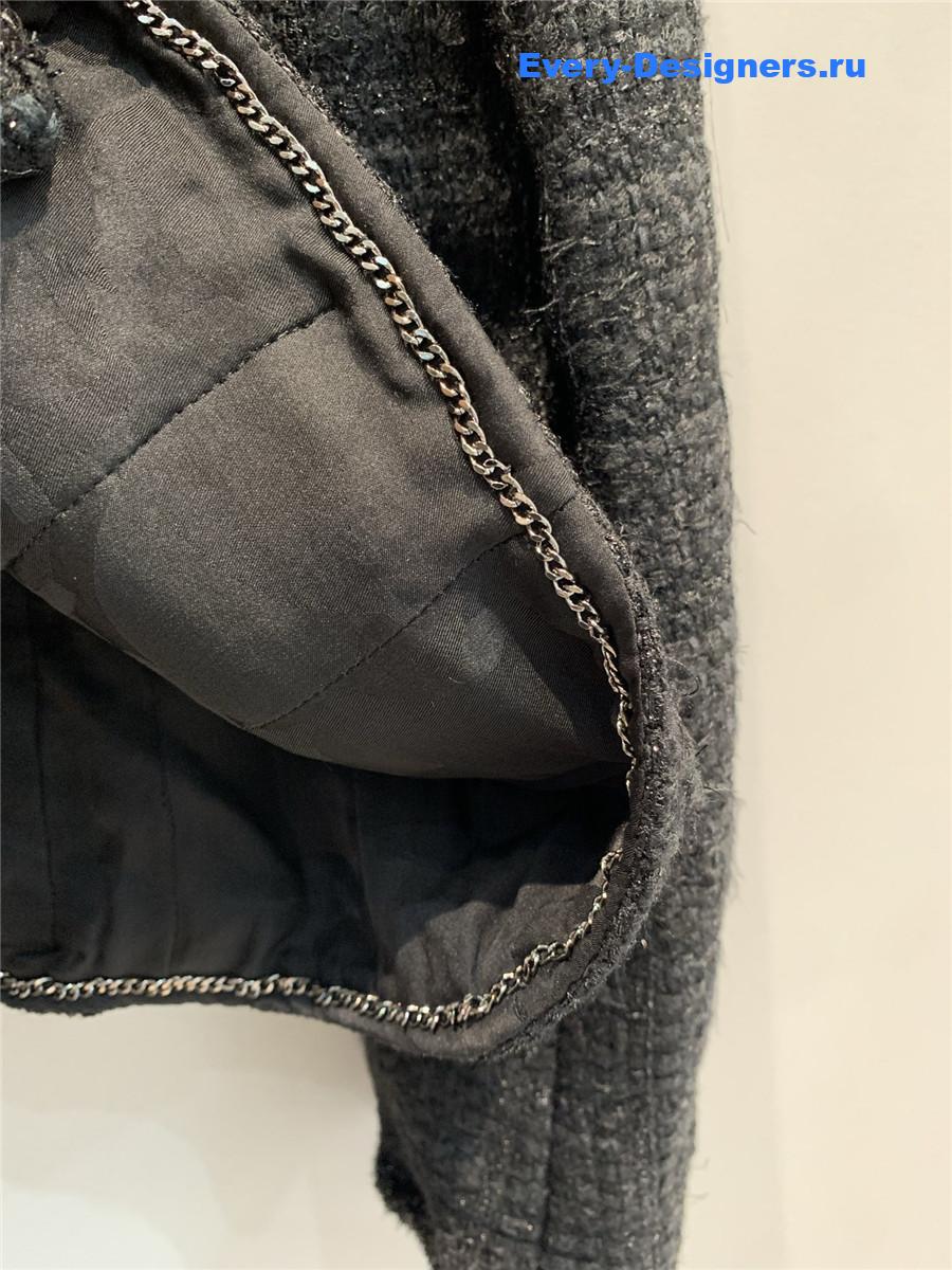 Ch**el multi-pocket woven dark gray tweed jacket