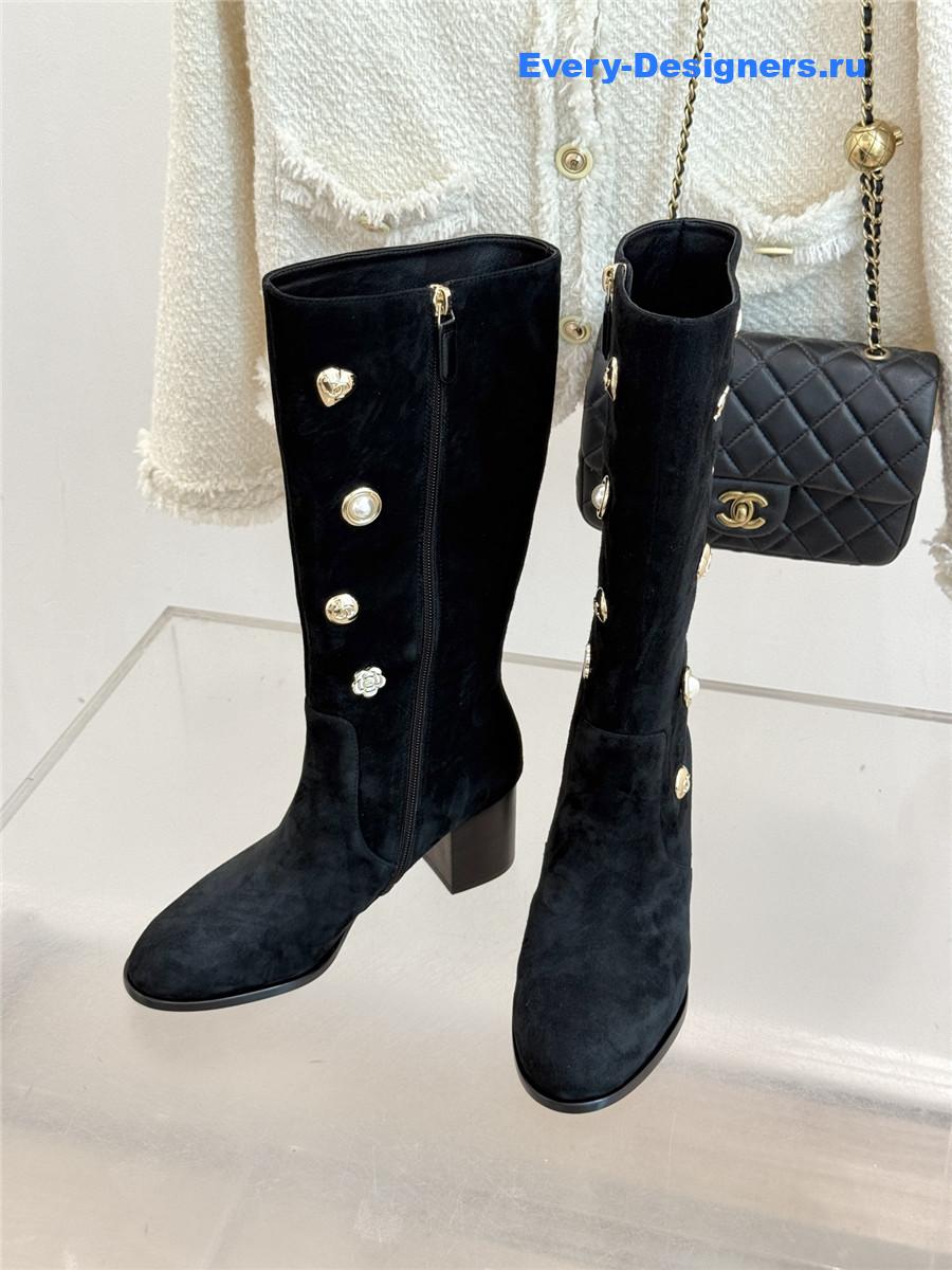 Ch**el cc black suede high heel boots