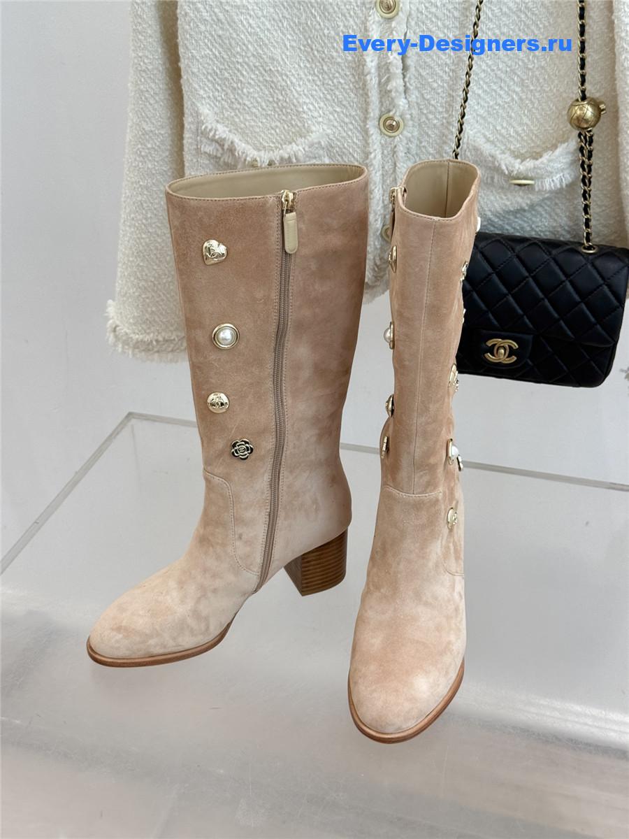 Ch**el cc beige suede high heel boots