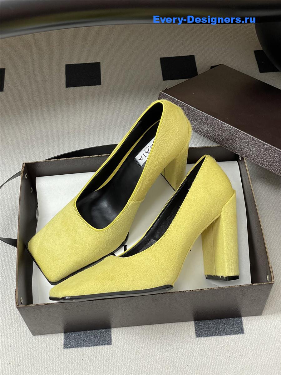 Alaia Yellow Block Heel Square Toe Pumps