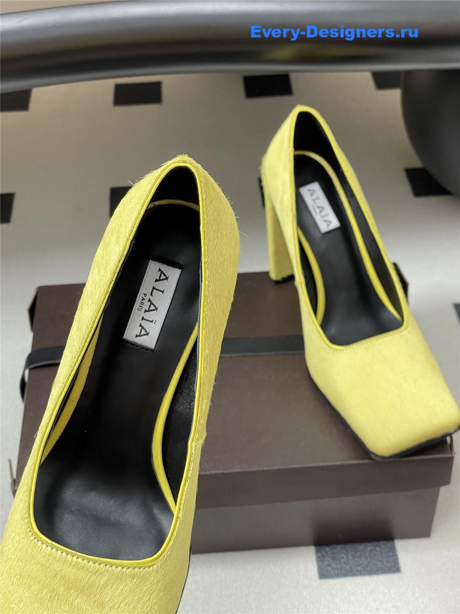 Alaia Yellow Block Heel Square Toe Pumps