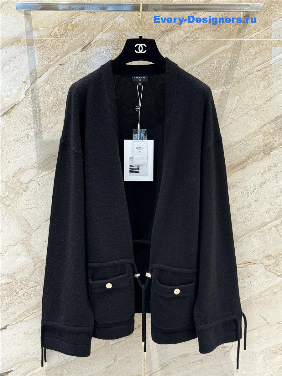 Ch**el black cashmere drawstring knit cardigan