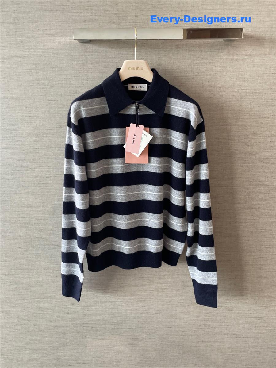 Miu Miu Navy Cashmere Polo Striped Sweater