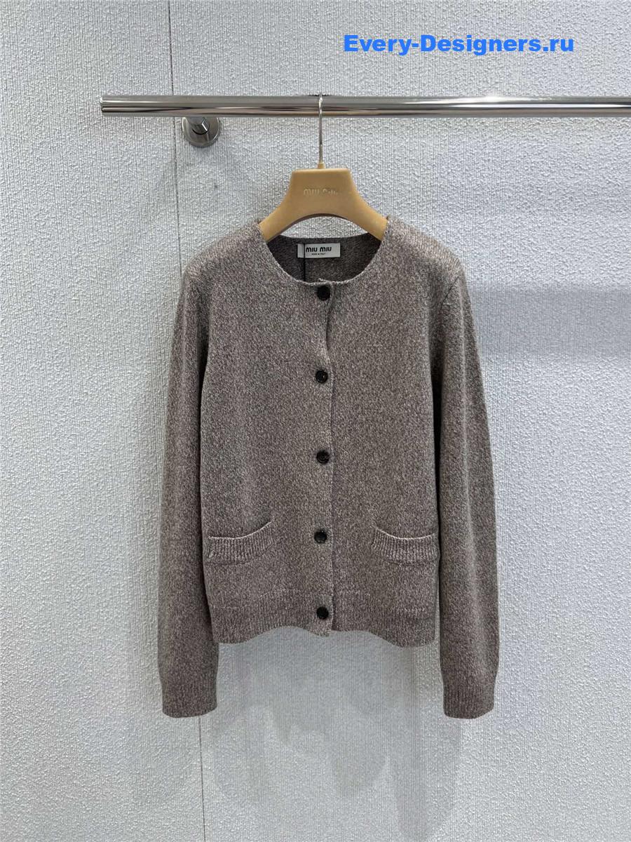 Miu Miu Light Brown Crew Neck Knit Cardigan