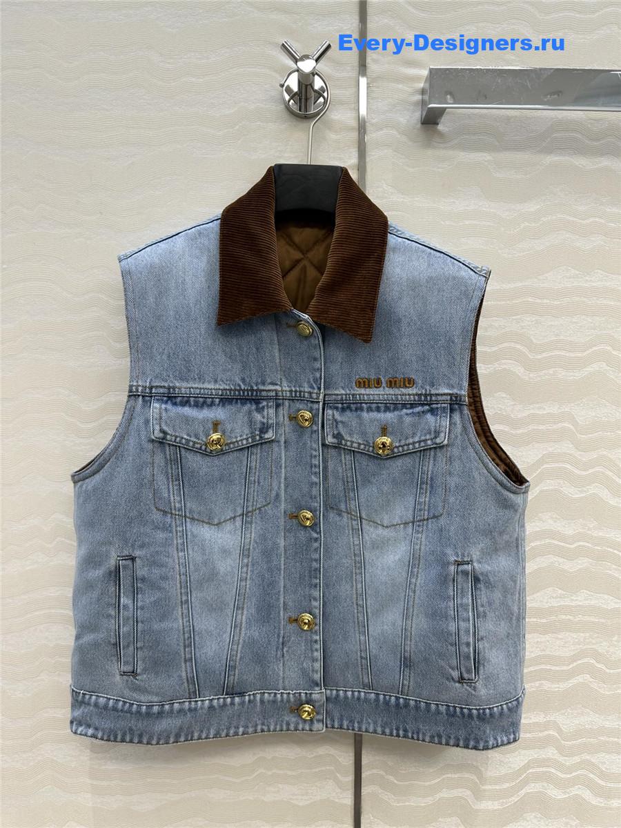 Miu Miu Navy Flocked Denim Velvet Vest