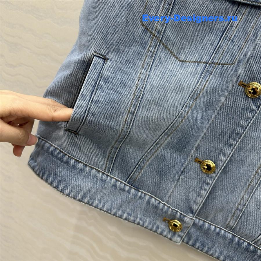 Miu Miu Navy Flocked Denim Velvet Vest