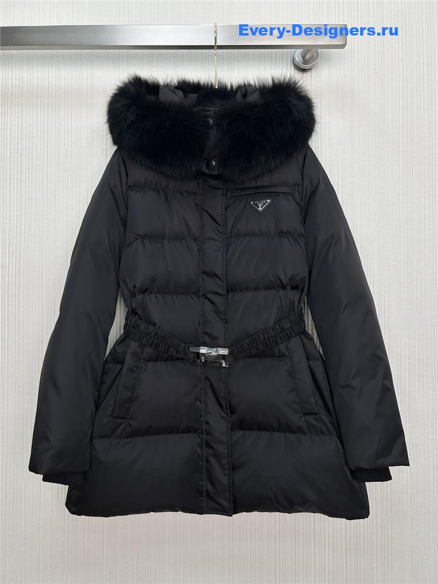 Pra*a fox fur collar hooded long down jacket
