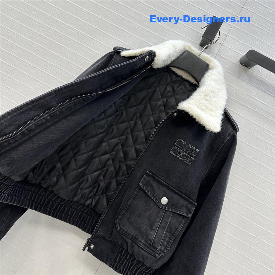 Miu Miu Grey Lambskin Collar Denim Jacket