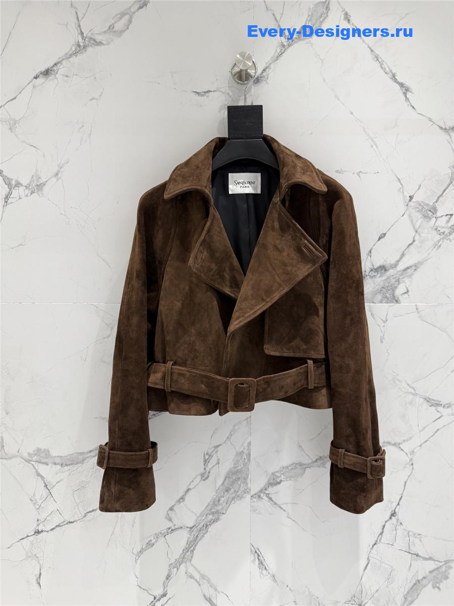 Sa1nt Lau*nt dark brown short suede trench coat