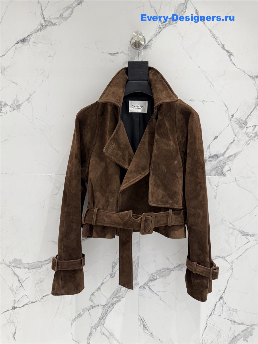 Sa1nt Lau*nt dark brown short suede trench coat