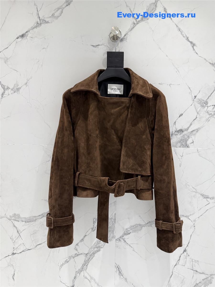 Sa1nt Lau*nt dark brown short suede trench coat