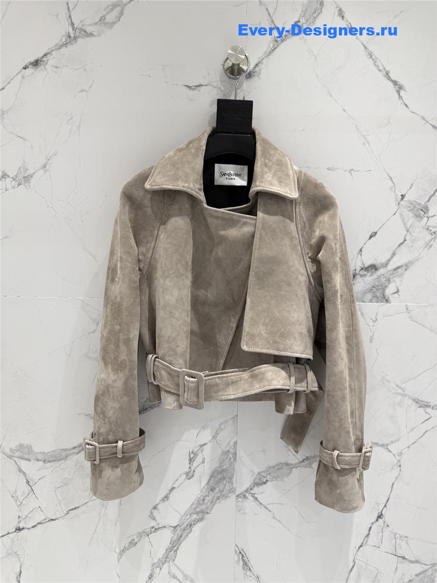 Sa1nt Lau*nt beige short suede trench coat