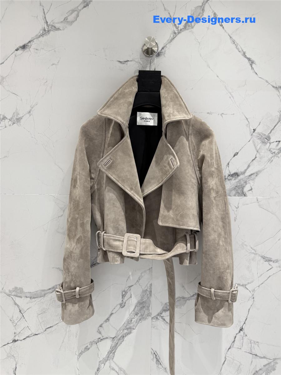 Sa1nt Lau*nt beige short suede trench coat