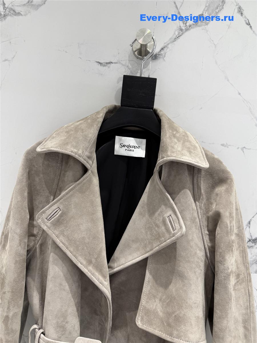 Sa1nt Lau*nt beige short suede trench coat