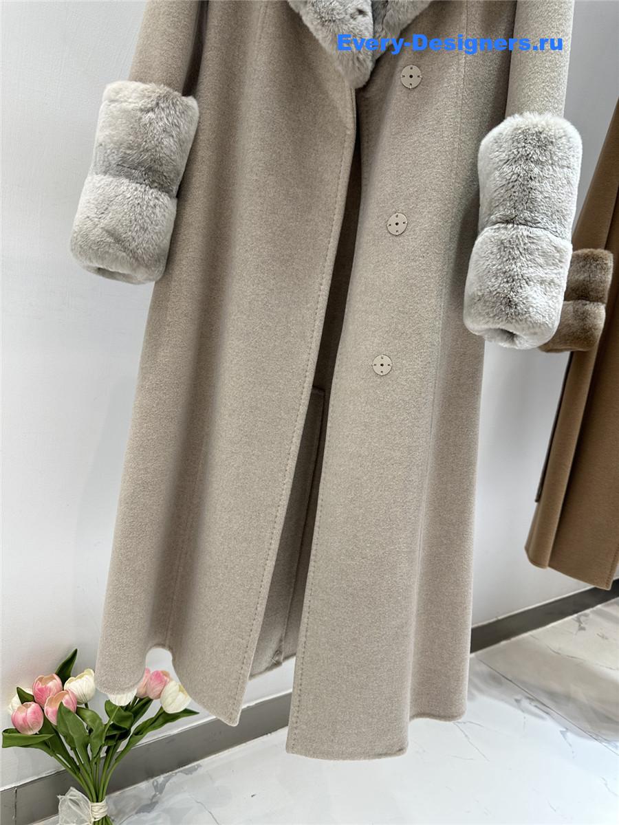 F**di beige real rex rabbit fur collar long trench coat