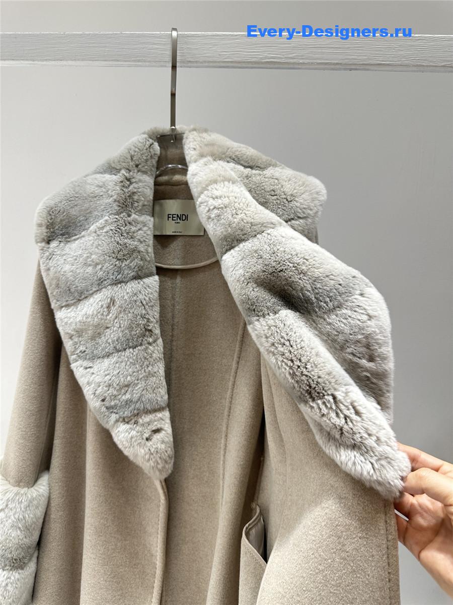 F**di beige real rex rabbit fur collar long trench coat